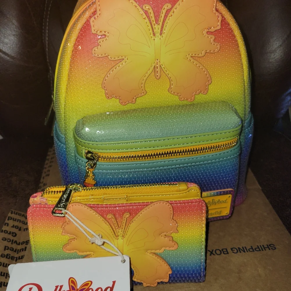 Loungefly Dollywood Rainbow Sequin Butterfly Matching Set. Nwt. Price Is Firm